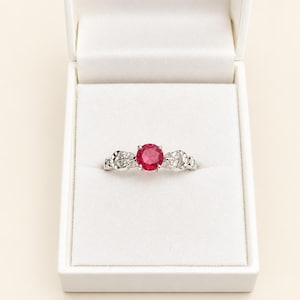 Pink Red Ruby Gemstone Ring, Silver Tone Floral Band, Oval Stone Statement Jewelry
