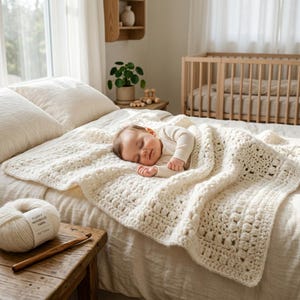 May include: A cream-colored crocheted baby blanket with a textured bobble stitch pattern, draped over a sleeping infant. A ball of yarn labeled Fluffy Meringue Yarn Pattern and a wooden crochet hook are placed on a wooden surface nearby.