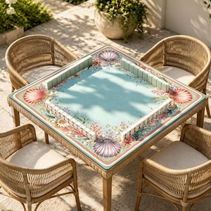 May include: A square mahjong table with a light blue playing surface featuring a colorful border of seashells, coral, and floral patterns. The table is surrounded by four light brown woven rattan chairs with off-white seat cushions.