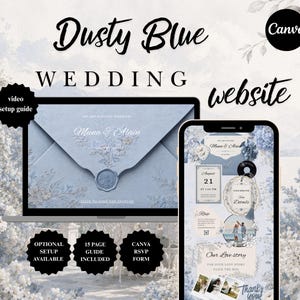 May include: A digital wedding website template in dusty blue featuring a laptop screen showing an envelope graphic with the text Muna & Alain and a smartphone screen displaying event details, RSVP forms, and photo sections with floral accents.