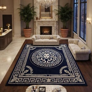 Puede incluir: Una alfombra rectangular grande con fondo azul marino profundo y un emblema central de cabeza de Medusa en blanco, rodeado por un borde de greca y motivos de hojas de laurel. El texto AARAV RUGS aparece en la esquina inferior.