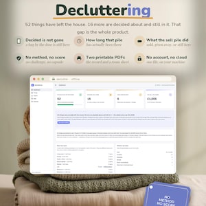 Puede incluir: Una interfaz digital de seguimiento de organización en una pantalla, con el texto Decluttering, 52 things have left the house y No method, no score. La interfaz muestra paneles de datos, listas y estadísticas para la organización del hogar.