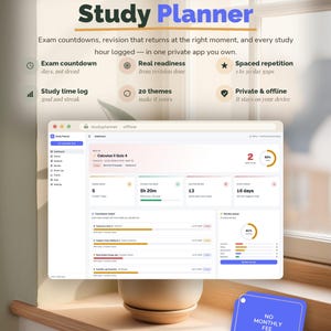 May include: A digital study planner app interface displayed on a screen, featuring a dashboard with exam countdowns, study time logs, and progress charts. Text includes Study Planner, Exam countdown, Real readiness, and No monthly fee.