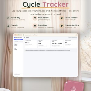 以下が含まれることがあります： Cycle Trackerブラウザアプリのデジタルインターフェース。サイクル日、次の生理、妊娠可能期間、トレンドを表示するダッシュボード。テキストには「the cozy, private browser app for cycle tracking」および「NO CLOUD EVER」が含まれています。