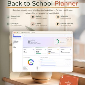 May include: A digital Back to School Planner browser app interface displayed on a screen. The dashboard features sections for supply lists, budget tracking, class schedules, and key dates. Text includes 'the cozy browser app for back-to-school season' and 'NO MONTHLY BILL'.