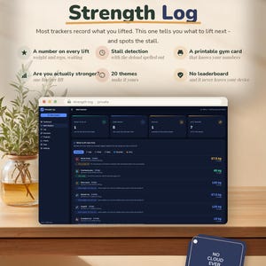 May include: A digital interface for the Strength Log browser app displayed on a screen. The dashboard shows workout data, weight metrics in kg, and exercise lists. Text includes "Strength Log," "No cloud ever," and various fitness tracking features.