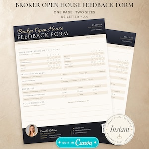 May include: A Broker Open House Feedback Form template in US Letter and A4 sizes. The document features a dark header with the text Broker Open House Feedback Form, sections for property impressions, price, market, buyer fit, and agent contact details.