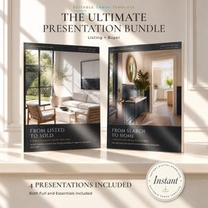 May include: Two rectangular presentation booklets titled The Ultimate Presentation Bundle, Listing + Buyer. The left cover shows a living room, text From Listed to Sold. The right cover shows an entryway, text From Search to Home. Includes a circular badge.