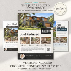 May include: A digital flyer template bundle for real estate featuring three layout options. Each flyer displays a modern house, property details, price, and contact information for a realtor named Emerson Sinclair. The text includes Just Reduced, 4 Beds, 3 Baths, 2,480 Sq Ft, and Built 2019.
