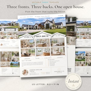 Peut inclure: Un modèle Canva modifiable pour un flyer de porte ouverte immobilière, présentant l'extérieur d'une maison blanche et noire, des photos d'intérieurs, des détails sur la propriété et les coordonnées de l'agent, au format lettre US de 21,59 par 27,94 cm.