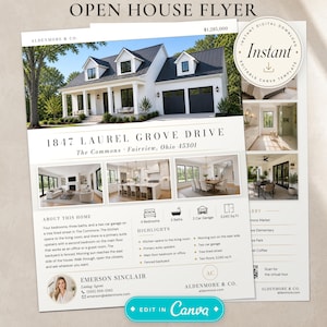 May include: An open house flyer template for 1847 Laurel Grove Drive, featuring a white house with a black roof, interior photos of a living room, kitchen, and dining area, property highlights, agent contact details, and a QR code for a virtual tour.