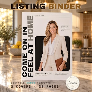 Peut inclure: Un modèle de classeur de présentation blanc avec le texte LISTING BINDER, COME ON IN FEEL AT HOME et EMERSON SINCLAIR. La couverture montre une photo d'une personne en blazer beige tenant un dossier marron, avec des adresses et 22 pages.