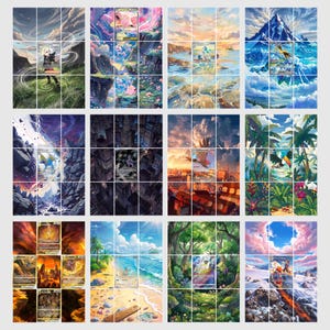 May include: A collection of twelve rectangular trading cards featuring diverse illustrated scenes, including mountain landscapes, cityscapes, tropical beaches, and volcanic terrain, each displaying unique character artwork and printed text.