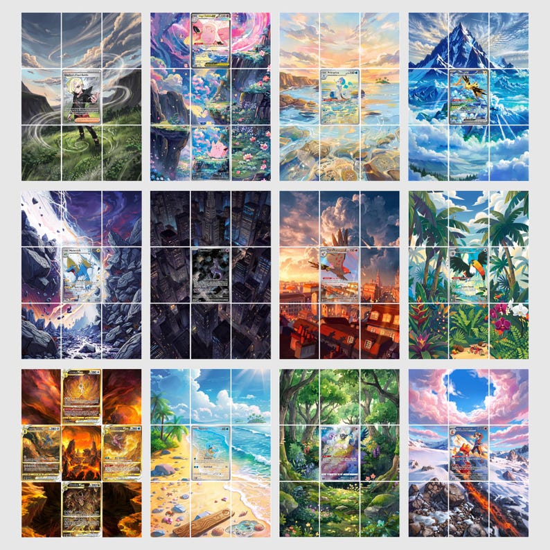 May include: A collection of twelve rectangular trading cards featuring diverse illustrated scenes, including mountain landscapes, cityscapes, tropical beaches, and volcanic terrain, each displaying unique character artwork and printed text.