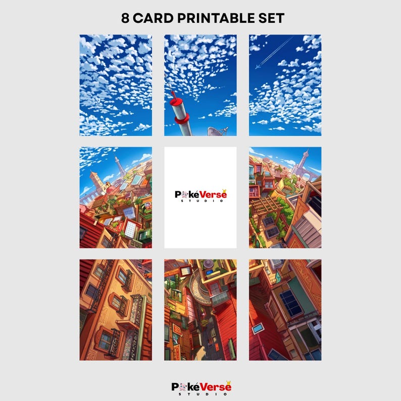 May include: A set of 8 printable cards featuring digital illustrations of cityscapes and blue skies with clouds. The collection includes various architectural views and a central card with the text PokeVerse STUDIO. The set is displayed in a grid.