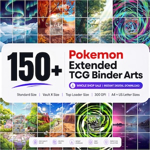 Puede incluir: Una colección digital de más de 150 artes de carpetas TCG de Pokemon extendidas con varias ilustraciones de paisajes coloridos. El texto dice 150+ Pokemon Extended TCG Binder Arts, Whole Shop Sale, Instant Digital Download, Standard Size, Vault X Size, Top Loader Size, 300 DPI, A4 + US Letter Sizes.