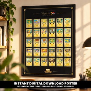 Op de afbeelding: Een zwarte rechthoekige muurposter met een raster van dertig individuele Pikachu-ruilkaarten. Bovenaan in het midden staat de tekst Pokemon 30 Years of Pikachu, terwijl onderaan in het midden een gouden 30 Celebration-embleem met gouden hoekaccenten staat.