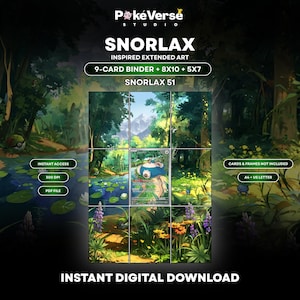 Pode incluir: Um download digital com arte estendida inspirada em Snorlax para um fichário de 9 cartas, impressões 8x10 e 5x7. O gráfico mostra uma cena de floresta com uma carta central de Snorlax, cercada por vegetação, flores e um lago. Texto: PokeVerse Studio, Snorlax, Instant Digital Download.