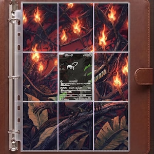 May include: A brown leather three-ring binder containing a nine-pocket plastic page protector sheet. The sheet displays a large, continuous illustration of a dark forest with multiple lit torches, featuring a single Japanese trading card in the center.
