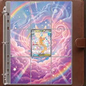 May include: A brown leather three-ring binder containing a nine-pocket trading card page. The page features a pastel-coloured background with clouds, stars, and a rainbow. A single Mega Dragonite GX trading card is placed in the centre pocket.