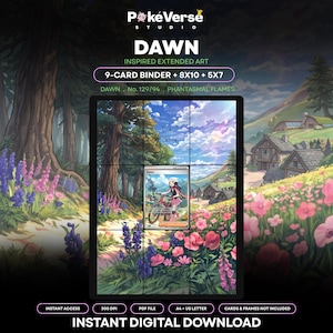 Puede incluir: Una impresión de arte digital titulada Dawn Inspired Extended Art de PokeVerse Studio. La imagen presenta un diseño de carpeta de 9 cartas con una carta de entrenador Dawn central, rodeada por un paisaje de bosque, pueblo y flores rosas.