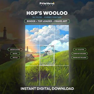 Op de afbeelding: Een digitale kunstdruk getiteld Hop's Wooloo No. 170/159 Journey Together, met een landschap met een vuurtoren, een huis en een personage dat met een Wooloo in een grasveld zit. Tekst: PokeVerse Studio, Binder + Top Loader + Frame Art.