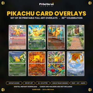 Puede incluir: Un conjunto de 30 superposiciones de cartas Pikachu imprimibles para una celebración del 30 aniversario. La colección digital presenta varias ilustraciones de arte completo del personaje amarillo. Tamaño de carta 63,5 x 88,9 mm.