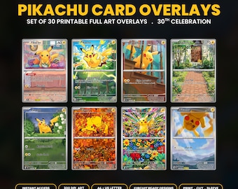 Puede incluir: Un conjunto de 30 superposiciones de cartas Pikachu imprimibles para una celebración del 30 aniversario. La colección digital presenta varias ilustraciones de arte completo del personaje amarillo. Tamaño de carta 63,5 x 88,9 mm.
