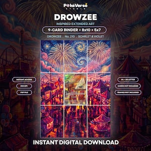 May include: A digital art print featuring Drowzee in a carnival setting with fireworks, labeled 9-card binder, 8x10, and 5x7. The text includes PokeVerse Studio, Drowzee, No. 210, Scarlet & Violet, instant access, 300 DPI, PDF file, A4, US letter, and instant digital download.
