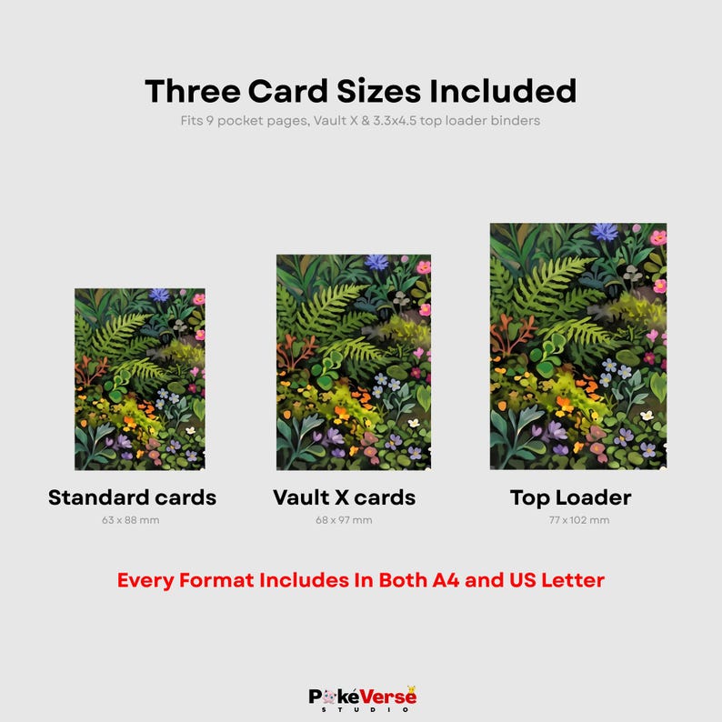 May include: Three card sizes with a botanical illustration featuring ferns and flowers. Text reads: Three Card Sizes Included, Standard cards 63 x 88 mm, Vault X cards 68 x 97 mm, Top Loader 77 x 102 mm, Every Format Includes In Both A4 and US Letter.