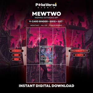 Puede incluir: Un gráfico de descarga digital para arte extendido inspirado en Mewtwo, con un archivador de 9 cartas, impresiones de 8x10 y 5x7. El diseño muestra un paisaje urbano rojo oscuro con murciélagos y una carta central de Mewtwo. Texto: PokeVerse Studio, Mewtwo No. 231, Chaos Rising, Instant Access, 300 DPI, PDF File, Cards & Frames Not Included, A4 + US Letter, Instant Digital Download.