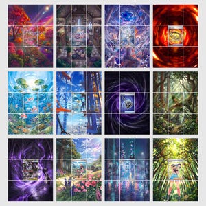 May include: A collection of twelve distinct trading cards featuring vibrant, detailed illustrations of various fantasy landscapes, characters, and objects, including a bell, a ring, and figures in natural, urban, and mystical settings.