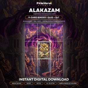 Alakazam 9 utökad konst Pokémon pärmsida | Mega Evolution Promos 9-fickapärm och ramdisplay | Utskrivbar kortkonst present heminredning