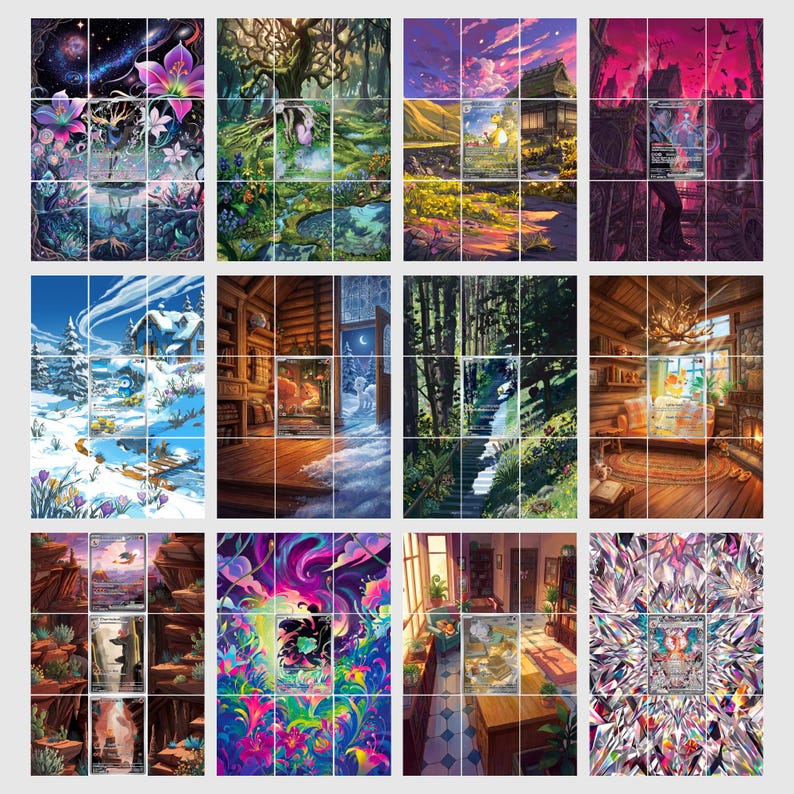 May include: A collection of twelve distinct rectangular trading cards featuring vibrant, detailed illustrations of various fantasy landscapes, cozy indoor scenes, and colorful floral patterns, each displayed in a grid layout on a light background.