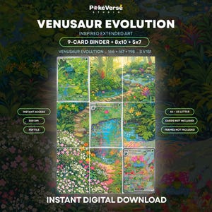 Op de afbeelding: Een digitale download met Venusaur Evolution geïnspireerde uitgebreide kunst, inclusief een 9-kaarten map, 8x10 en 5x7 prints. De afbeelding toont een weelderig, groen boslandschap met vijvers en bloemen, gelabeld met 300 DPI, PDF-bestand, A4 + US letter.