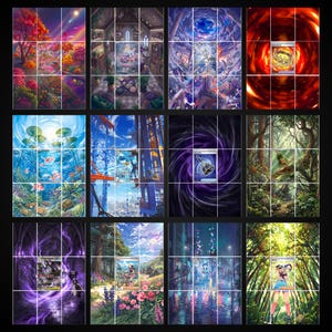May include: A collection of twelve rectangular trading cards featuring diverse illustrations including vibrant landscapes, urban scenes, fantasy portals, and character portraits, each displayed within a grid layout on a dark background.