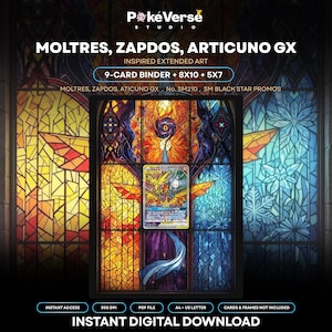 Peut inclure: Un téléchargement numérique présentant un art étendu inspiré de Moltres, Zapdos, Articuno GX. Le design inclut un classeur de 9 cartes, des formats 8x10 et 5x7. Le texte indique : PokeVerse Studio, Moltres, Zapdos, Articuno GX, Inspired Extended Art, No. SM210.