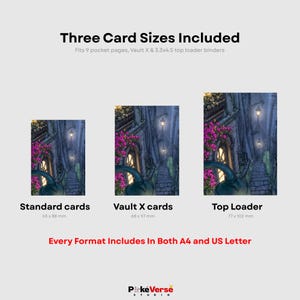 May include: Three card sizes are displayed with the text Three Card Sizes Included, Fits 9 pocket pages, Vault X & 3.3x4.5 top loader binders. The sizes are Standard cards 63 x 88 mm, Vault X cards 68 x 97 mm, and Top Loader 77 x 102 mm.