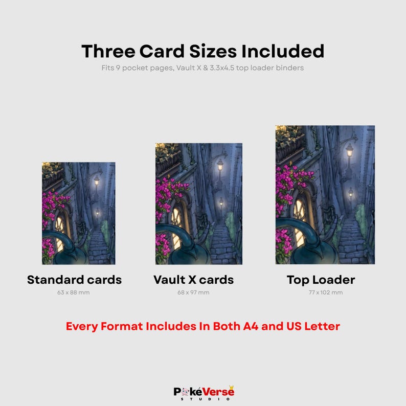May include: Three card sizes are displayed with the text Three Card Sizes Included, Fits 9 pocket pages, Vault X & 3.3x4.5 top loader binders. The sizes are Standard cards 63 x 88 mm, Vault X cards 68 x 97 mm, and Top Loader 77 x 102 mm.