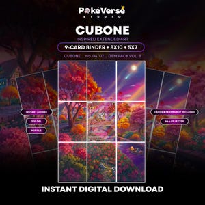 Puede incluir: Un conjunto de descarga digital titulado PokeVerse Studio Cubone Inspired Extended Art. Incluye una carpeta de 9 tarjetas, impresiones de 8x10 y 5x7. La obra muestra un paisaje colorido con árboles, un cielo nocturno y un pequeño bote en el agua.