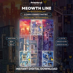 Peut inclure: Un ensemble de téléchargement numérique comprenant trois cartes connectées avec des illustrations de la lignée Meowth. Le design montre une scène d'immeuble urbain aux teintes violettes, bleues et orange. Le texte inclut PokeVerse Studio, Meowth Line, Inspired Extended Art, 3 Card Connecting Set, Meowth Line 30th Celebration, Instant Access, 300 DPI, PDF File, A4 + US Letter, Cards Not Included, Frames Not Included et Instant Digital Download.