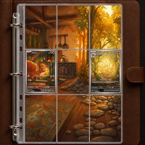 May include: A brown leather three-ring binder containing nine clear plastic pockets. Two trading cards are inserted into the pockets, featuring Vulpix and Ninetales illustrations. The background behind the cards displays a warm, golden-toned forest scene.
