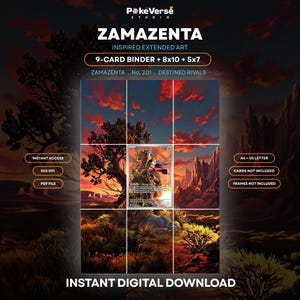 Peut inclure: Un téléchargement numérique présentant une illustration étendue inspirée de Zamazenta pour un classeur de 9 cartes, des impressions 8x10 et 5x7. L'image montre un paysage désertique au coucher du soleil avec une carte Zamazenta centrale.