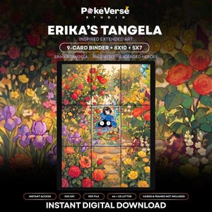 Könnte beinhalten: Ein digitaler Kunstdruck mit dem Titel Erika's Tangela von PokeVerse Studio, der ein 9-Karten-Ordner-Layout mit 8x10- und 5x7-Optionen zeigt. Das Kunstwerk zeigt eine Figur mit einer blauen Kreatur in einem Garten voller bunter Blumen.