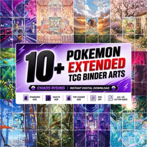 May include: A digital collection of 10+ Pokemon extended TCG binder arts titled Chaos Rising. The graphic features bold text, various colourful fantasy landscape illustrations, and icons indicating standard, VaultX, and top loader sizes at 300 DPI.