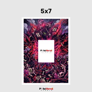 May include: A 5x7 rectangular art print featuring a dark, chaotic illustration of skulls, twisted branches, and red lightning energy surrounding a central white rectangle with the text PokeVerse STUDIO in black and red lettering.