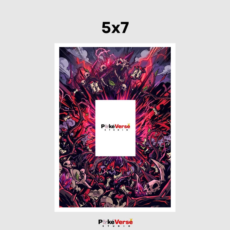 May include: A 5x7 rectangular art print featuring a dark, chaotic illustration of skulls, twisted branches, and red lightning energy surrounding a central white rectangle with the text PokeVerse STUDIO in black and red lettering.