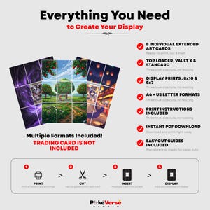 May include: A digital product display guide titled Everything You Need to Create Your Display. It features three grid-based art card layouts, a list of eight included formats, and a four-step instructional graphic for printing, cutting, and inserting cards.