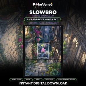 Könnte beinhalten: Ein digitales Download-Produkt mit PokeVerse Studio Branding, Slowbro-inspirierter erweiterter Kunst und einem 9-Karten-Ordner-Layout. Das Bild zeigt eine zentrale Slowbro-Sammelkarte vor einer detaillierten Illustration einer Steingasse.