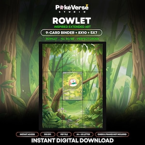 Puede incluir: Una descarga digital con arte extendido inspirado en Rowlet para una carpeta de 9 cartas, impresiones de 8x10 y 5x7. El gráfico muestra una ilustración central de la carta Rowlet sobre un fondo de bosque verde con líneas de cuadrícula y texto que incluye PokeVerse Studio, Rowlet, No. 90/88 e Instant Digital Download.